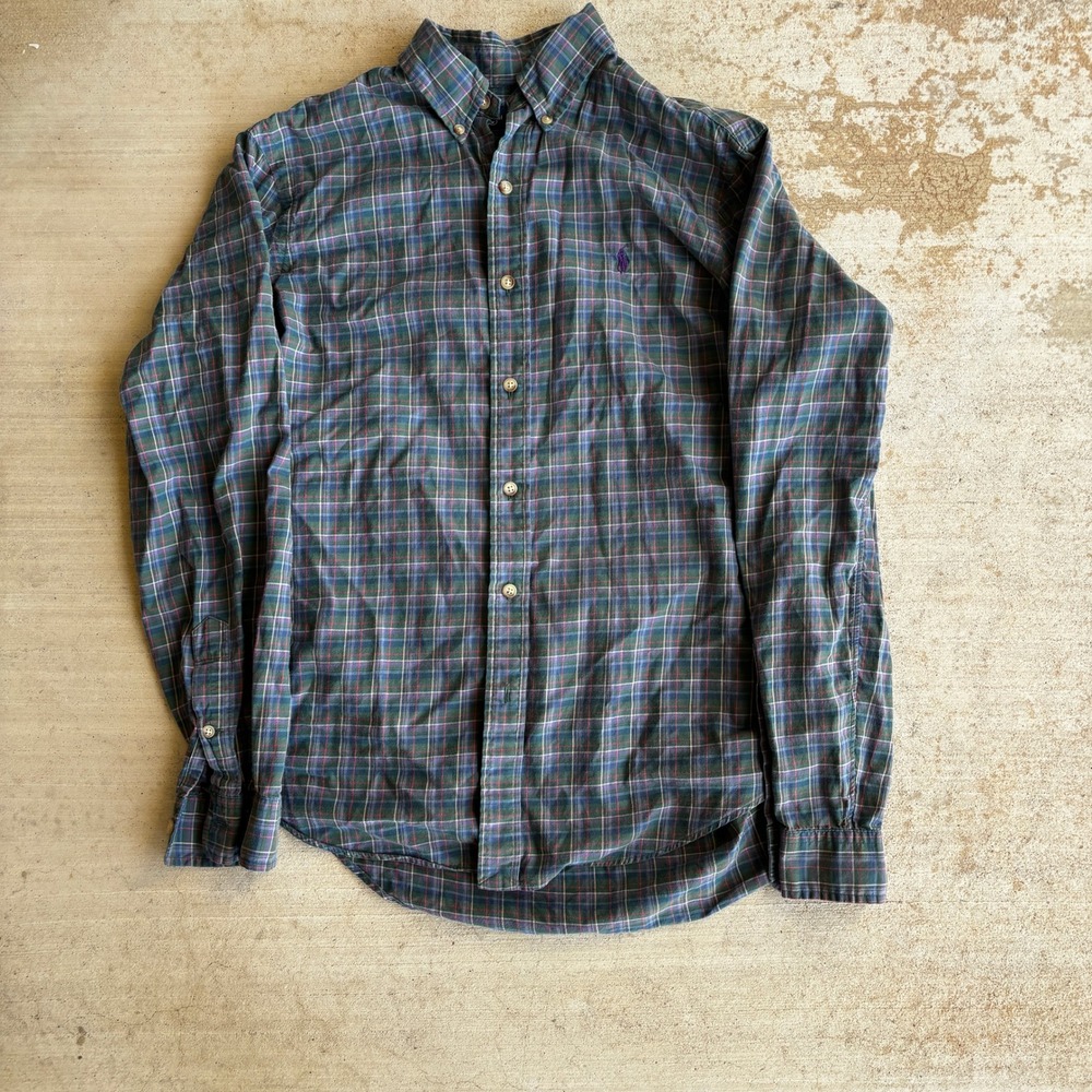 Ralph Lauren Mens Medium Plaid Button Down Shirt Green Blue Purple Cotton Pony